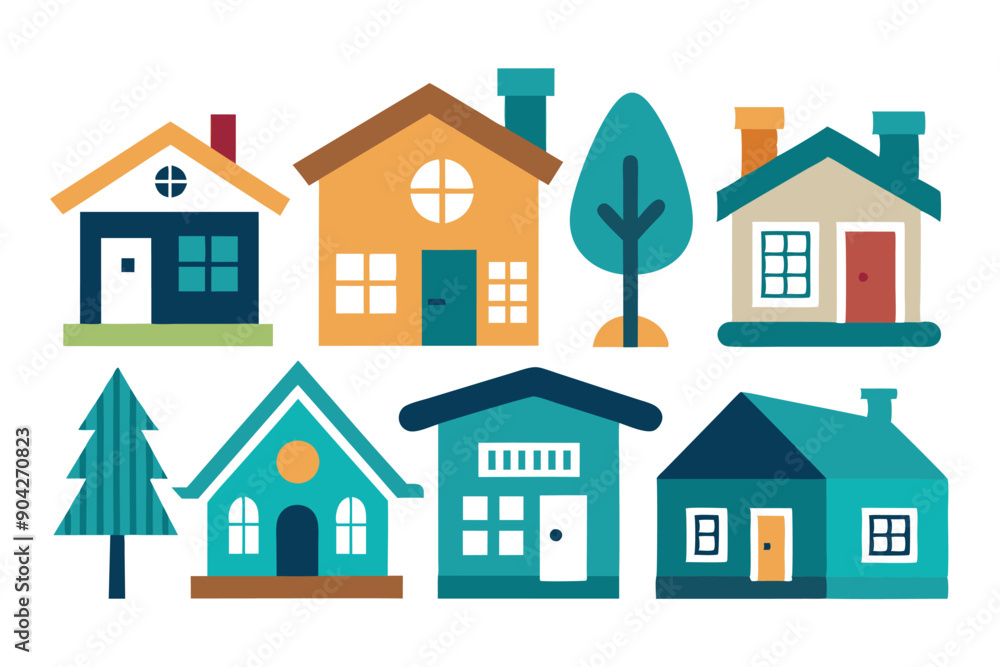 A Row of Colorful Houses with Trees A Row of Colorful Houses with Trees