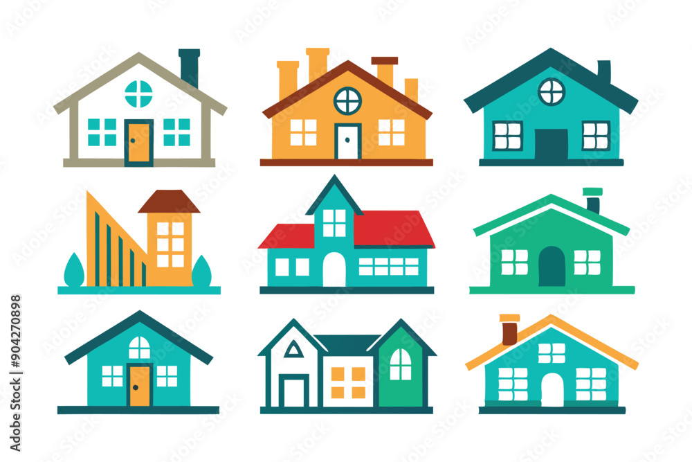 Nine Colorful Cartoon House Icons Set Nine Colorful Cartoon House Icons Set