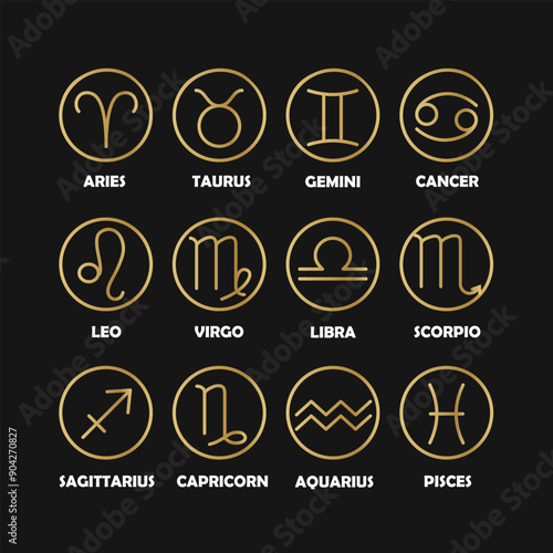 Collection of golden linear zodiac signs with names isolated on dark background.
