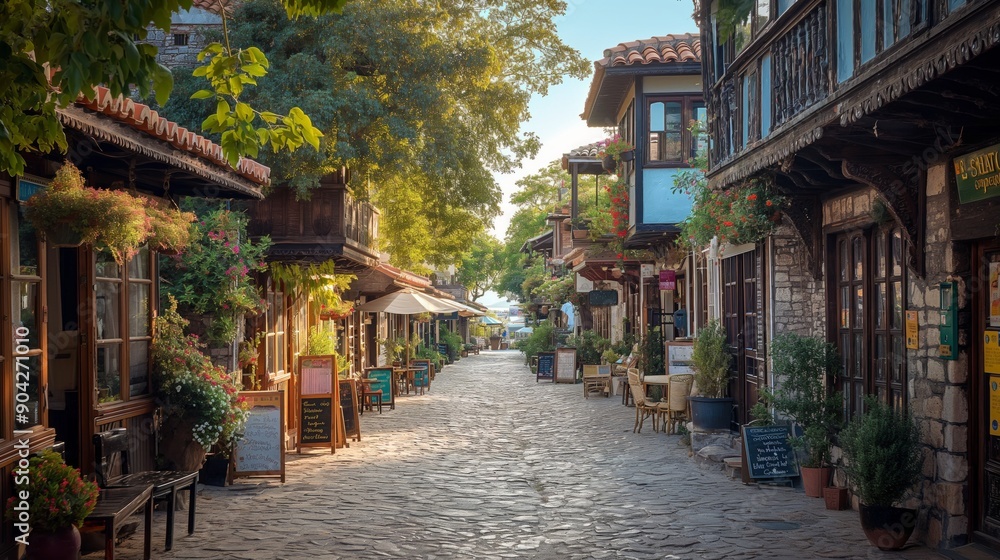 Fototapeta premium Charming cobblestone street lined with flowers, cafes, and shops under a clear sky.