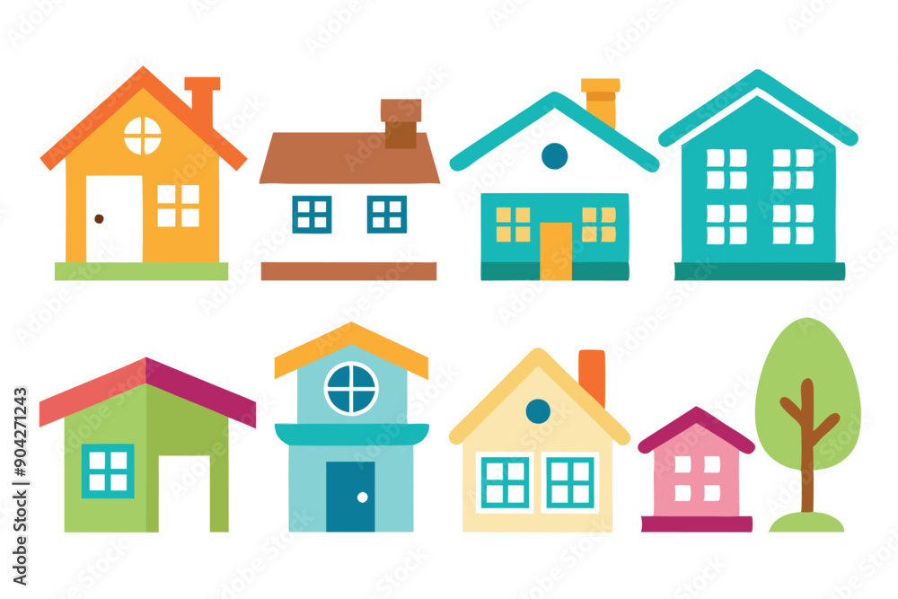 Colorful Cartoon House and Tree Illustrations Colorful Cartoon House and Tree Illustrations