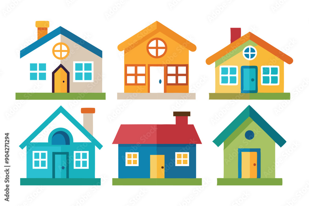 Six Colorful Cartoon Houses with Chimneys and Green Lawns Six Colorful Cartoon Houses with Chimneys and Green Lawns