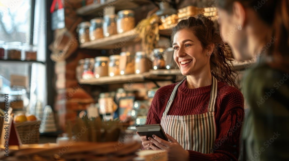 The smiling shopkeeper and customer The smiling shopkeeper and customer