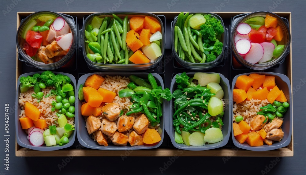 bowls in shades of earth tones, each overflowing with healthy ingredients, brown rice nestled next to bright orange sweet potato, green beans placed beside succulent chicken, cr bowls in shades of earth tones, each overflowing with healthy ingredients, brown rice nestled next to bright orange sweet potato, green beans placed beside succulent chicken, cr