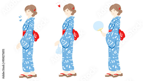 浴衣の若い女性の全身イラスト。団扇や巾着を手に持っています。笑顔や困った顔のバリエーション。