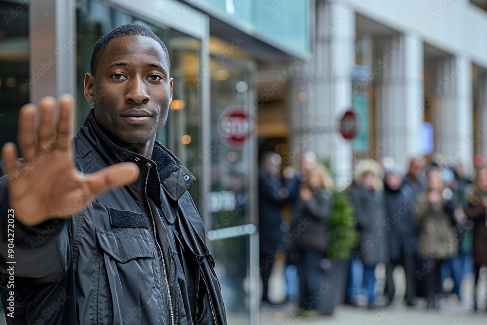 Naklejka premium Security guard confidently halting outside building