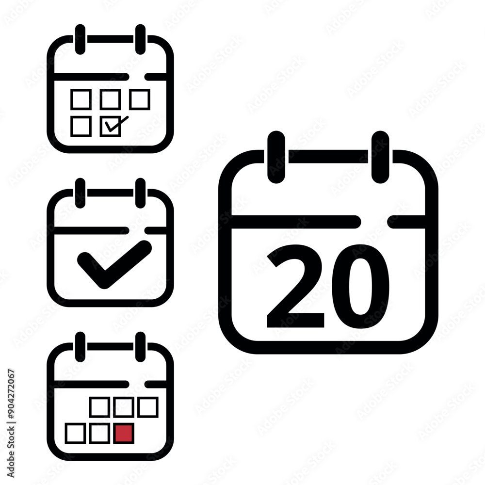 Collection of simple calendar icons of different designs, calendar icon with specific day marked for websites and graphic resources, day 20. Collection of simple calendar icons of different designs, calendar icon with specific day marked for websites and graphic resources, day 20.