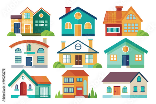 A Collection of Nine Cartoon Illustrations Depicting Various House Designs