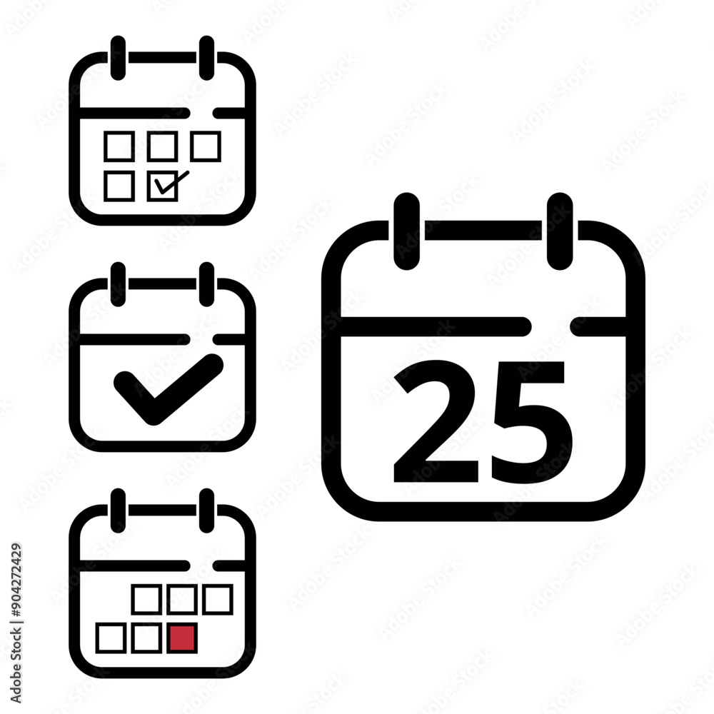 Collection of simple calendar icons of different designs, calendar icon with specific day marked for websites and graphic resources, day 25. Collection of simple calendar icons of different designs, calendar icon with specific day marked for websites and graphic resources, day 25.
