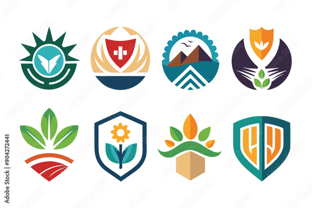 Collection of Colorful Abstract Logo Designs with Nature and Shield Motifs Collection of Colorful Abstract Logo Designs with Nature and Shield Motifs