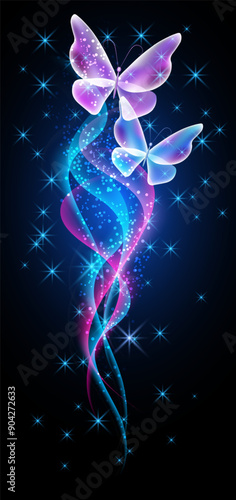 Fantastic butterflies and magical curving transparent waves with glowing stars on black violet background