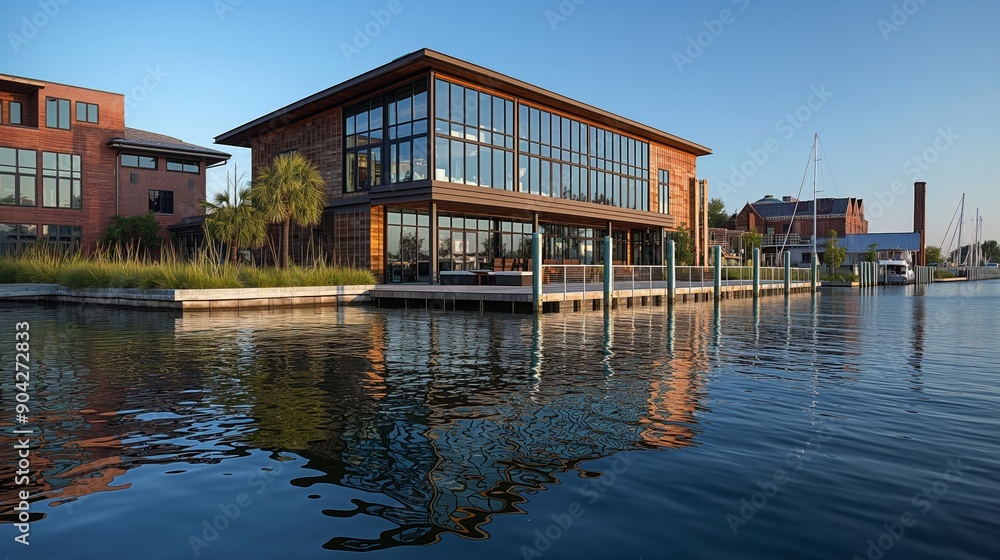 Modern waterfront buildings with glass windows reflecting on the calm marina water during sunset. Modern waterfront buildings with glass windows reflecting on the calm marina water during sunset.