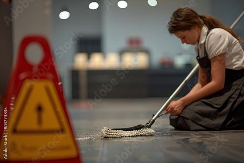 Woman Maid Sweeping and Mopping Hotel Room Floor