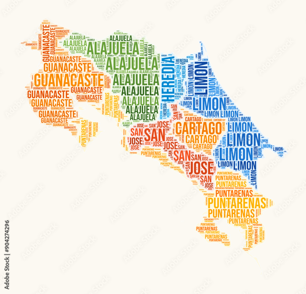 Costa Rica regions word cloud. Country logo design. Regions typography style vector image. Costa Rica colored text cloud. Beautiful vector illustration. Costa Rica regions word cloud. Country logo design. Regions typography style vector image. Costa Rica colored text cloud. Beautiful vector illustration.