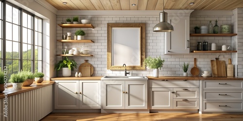 Mock up poster frame in a farmhouse style kitchen interior 3D render AI-Generated Content