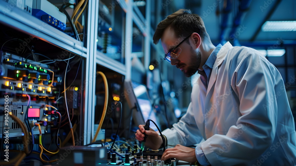 Professional Engineer Analyzing Electronic Equipment Circuit Testing Laboratory Professional Engineer Analyzing Electronic Equipment Circuit Testing Laboratory