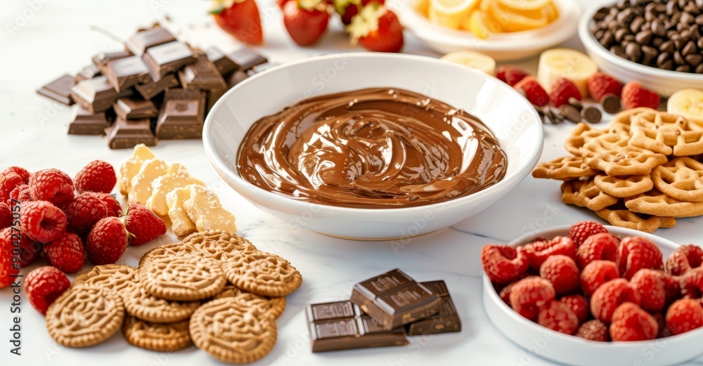 A decadent chocolate fondue centerpiece is surrounded by an array of tempting treats A decadent chocolate fondue centerpiece is surrounded by an array of tempting treats