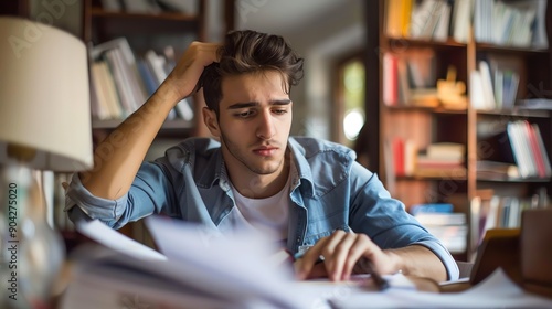 Young man struggling with studying, feeling stressed in a cozy home library, surrounded by books and papers, emphasizing hard work and concentration. photo