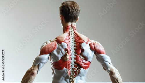 realistic anatomical model, human upper body, back view, white background, highlighted trapezius and latissimus dorsi muscles, intricate details of vertebrae, clear and precise photo