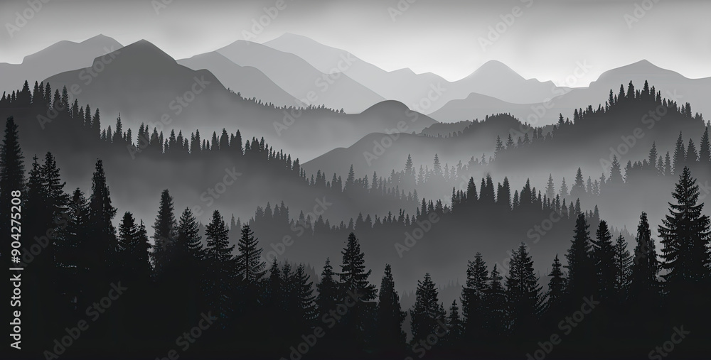 landscape illustration of mountains, pines, and mist or fog background landscape illustration of mountains, pines, and mist or fog background