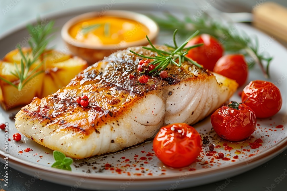 Delicious Grilled Fish Fillet Garnished With Fresh Vegetables and Herbs on a Rustic Plate Delicious Grilled Fish Fillet Garnished With Fresh Vegetables and Herbs on a Rustic Plate