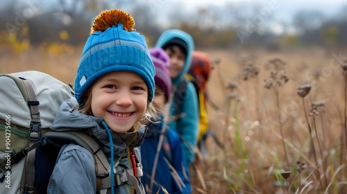 Happy Kids Exploring Nature Outdoor Adventure Hiking Winter Excursion Smiling Fun Backpacking Friends