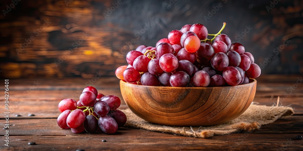 Fresh red grapes in a wooden bowl on rustic textured background, red grapes, fresh, wooden bowl, rustic, textured background Fresh red grapes in a wooden bowl on rustic textured background, red grapes, fresh, wooden bowl, rustic, textured background