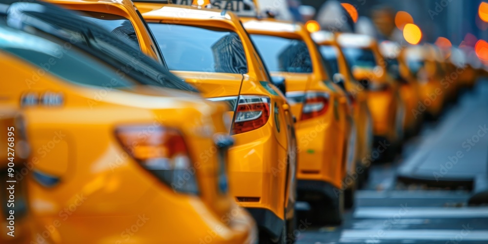Row of yellow taxis waiting in line at a taxi stand, depicting traditional urban transportation services Row of yellow taxis waiting in line at a taxi stand, depicting traditional urban transportation services