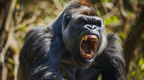 Large or big silverback black gorilla, angry powerful animal roaring in jungle wildlife nature. Strong beast screaming, aggri photo