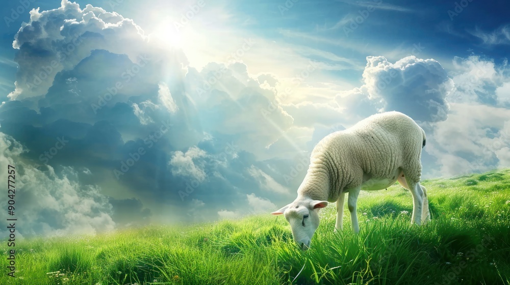 Fototapeta premium Sheep Grazing in Heavenly Field.