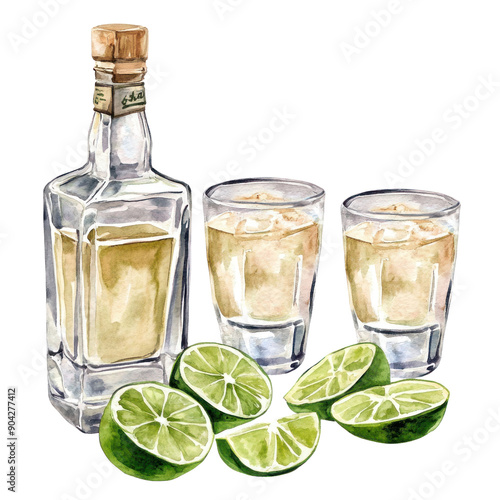Tequila Bottles and shots of tequila clip art watercolor illustration isolated on the white background