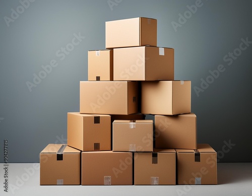 A neatly stacked pile of cardboard boxes on a plain background photo