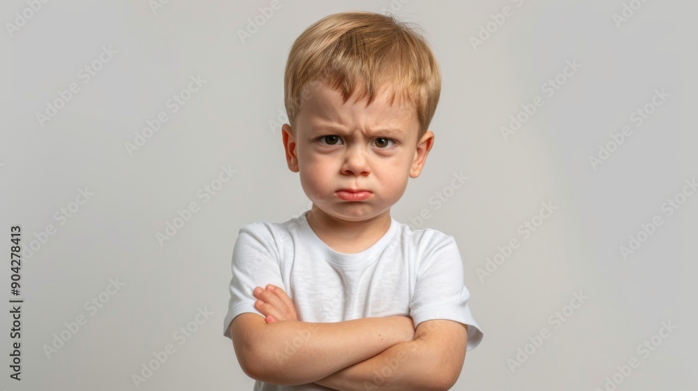 Mad male kid, angry little boy standing with his arms crossed, and looking at the camera with upset face expression. Unhappy todler Mad male kid, angry little boy standing with his arms crossed, and looking at the camera with upset face expression. Unhappy todler
