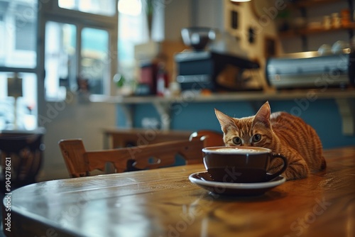 Orange tabby cat sitting next to a cup of coffee with latte art on wooden table in a cozy cafe interior.