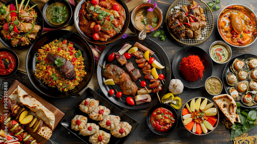 Fototapeta premium beautifully arranged spread of various dishes, showcasing a diverse and colorful selection of food. The dishes include a mix of grilled meats, stews, rice dishes, dumplings, and various side dishes