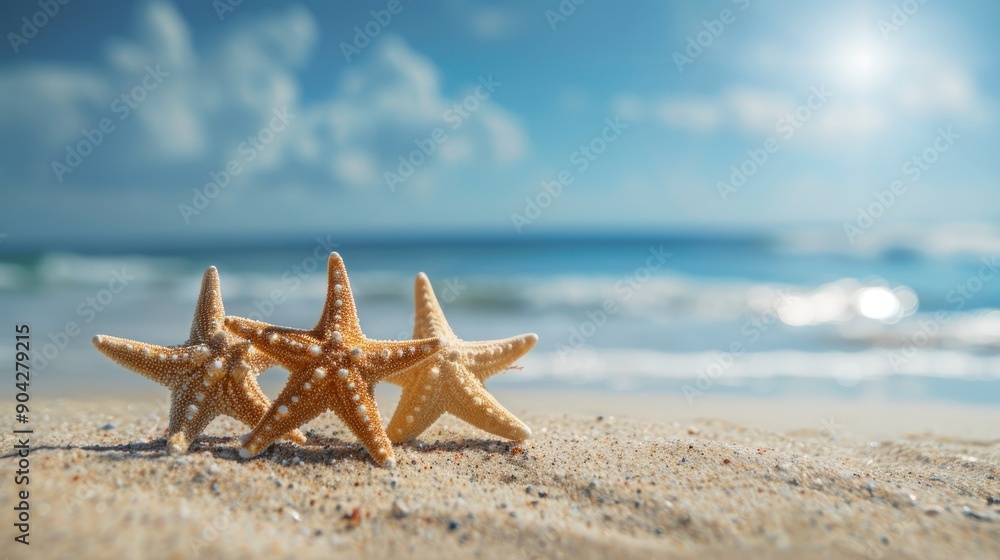 Three Starfish on Sandy Beach with Blue Sky. Three Starfish on Sandy Beach with Blue Sky.