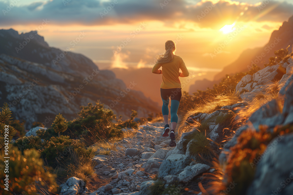 Fototapeta premium Woman Running on a Mountain Trail at Sunset