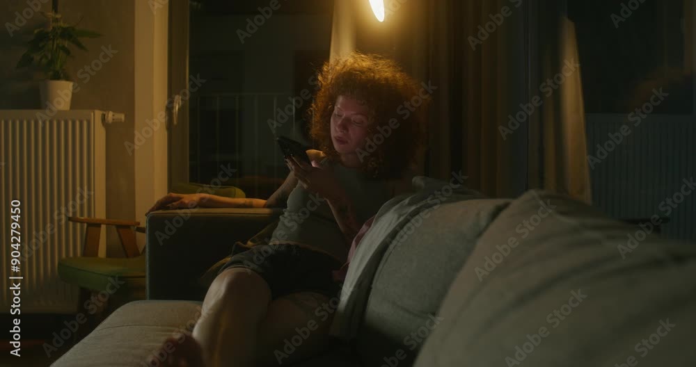 A woman is typing on a mobile phone while sitting on the couch at night. Dark room, home interior A woman is typing on a mobile phone while sitting on the couch at night. Dark room, home interior