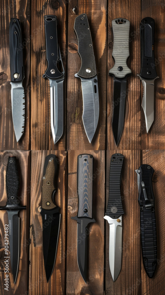 A collection of knives are displayed on a wooden table A collection of knives are displayed on a wooden table