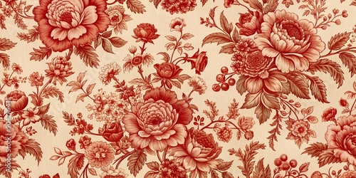 Vintage French Floral Toile Red pattern Creative AI