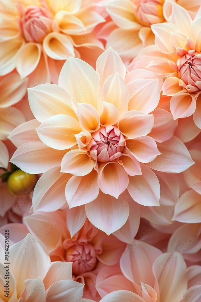 A close-up of vibrant, blooming dahlia flowers in soft peach and yellow hues A close-up of vibrant, blooming dahlia flowers in soft peach and yellow hues