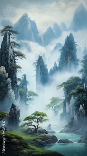 Serene landscape featuring mist-covered mountains and a flowing river with lush greenery and towering rock formations