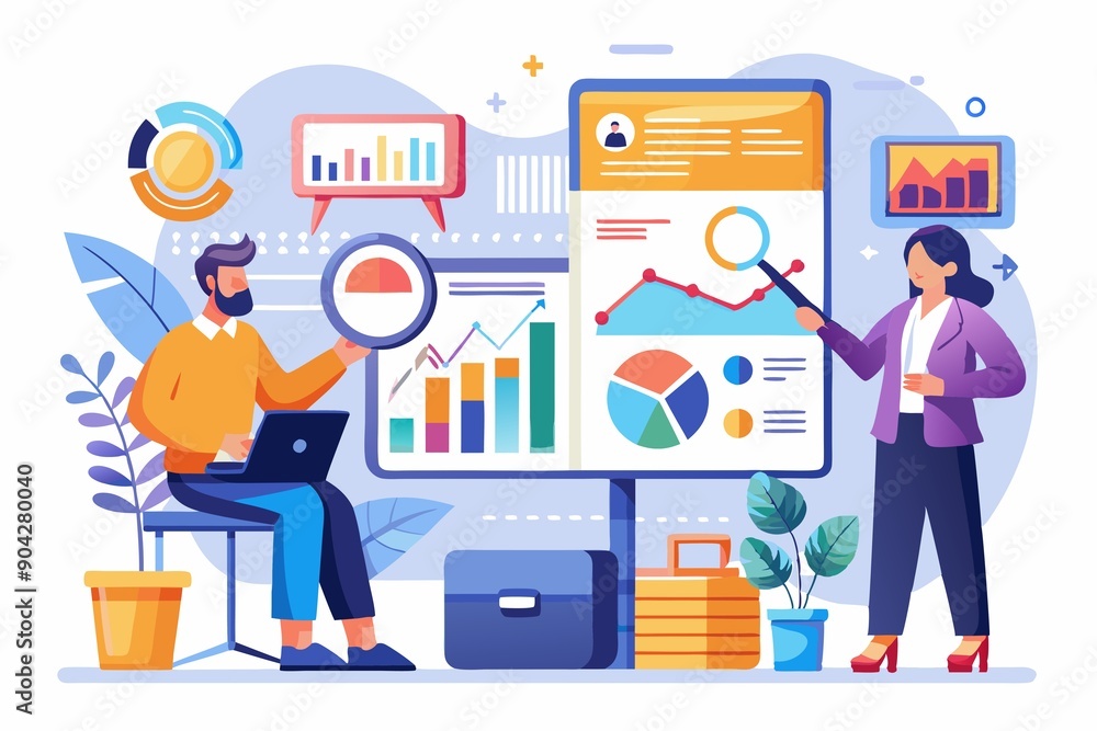 Business Professional Team Analyzing Business Data on Multiple Screens Illustration Business Professional Team Analyzing Business Data on Multiple Screens Illustration