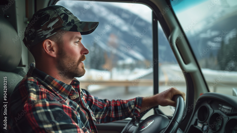 side view of a male driver driving a truck casually, wearing a flannel shirt and hat, Ai generated Images side view of a male driver driving a truck casually, wearing a flannel shirt and hat, Ai generated Images