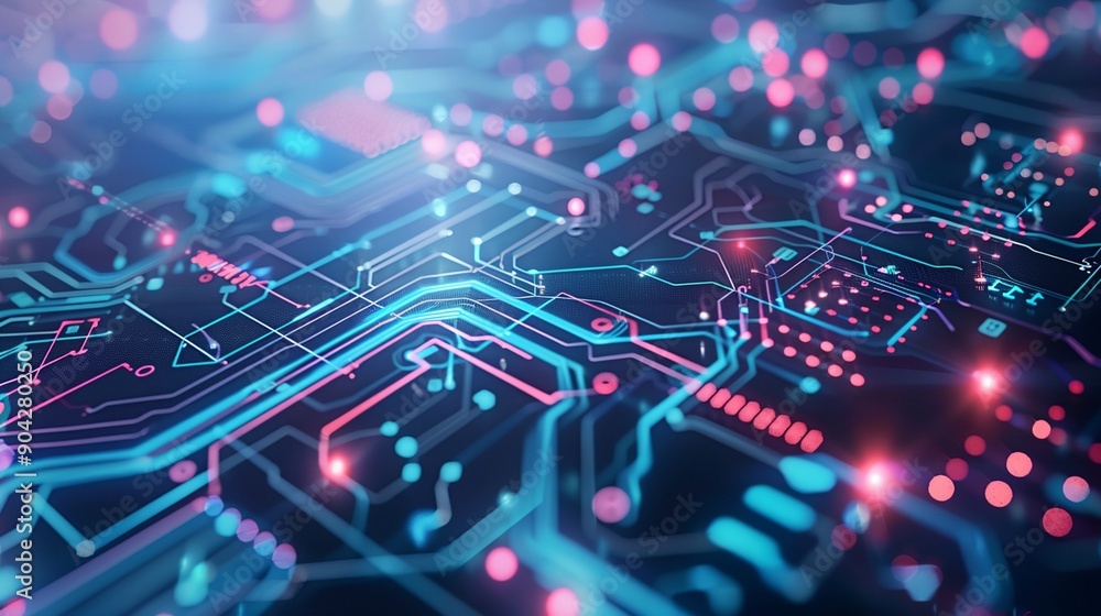 a computer circuit board with many colorful lights on it's side and a blue background with pink dots a computer circuit board with many colorful lights on it's side and a blue background with pink dots