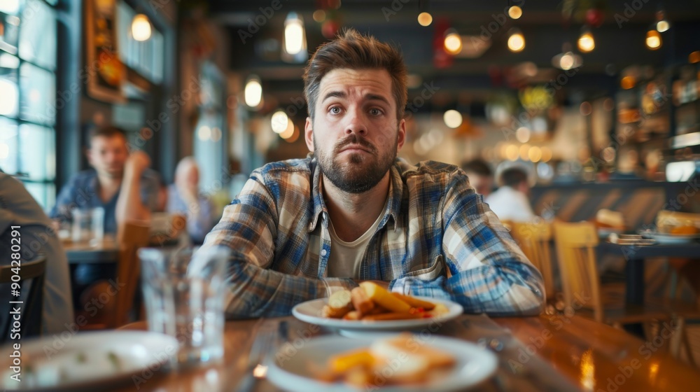 Man sitting at restaurant table, plate of meal in front of him, bad food taste, unhappy displeased customer, dissatisfied Man sitting at restaurant table, plate of meal in front of him, bad food taste, unhappy displeased customer, dissatisfied