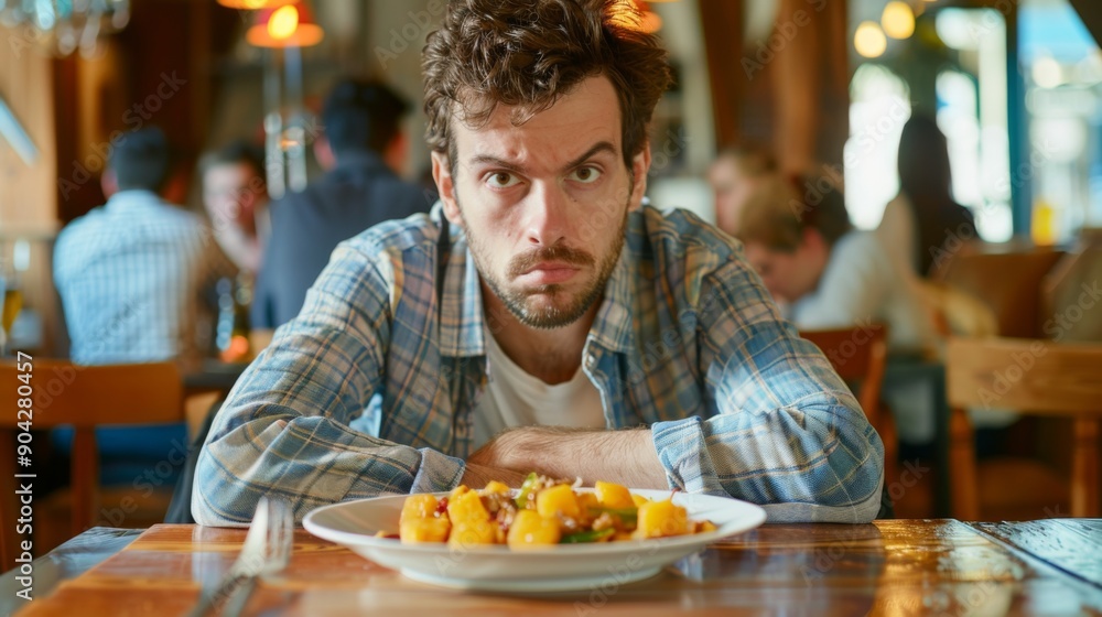 Man sitting at restaurant table, plate of meal in front of him, bad food taste, unhappy displeased customer, dissatisfied Man sitting at restaurant table, plate of meal in front of him, bad food taste, unhappy displeased customer, dissatisfied