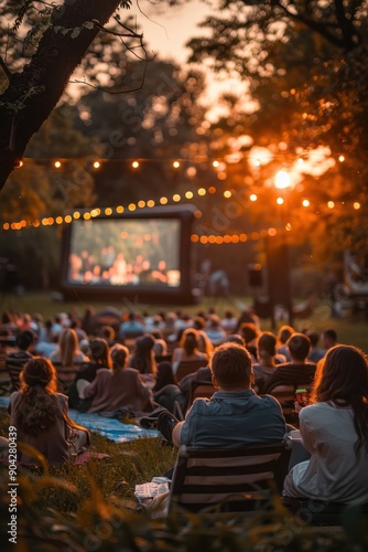 A woman is sitting in a field watching a movie on a large screen. The sky is orange and the lights are on, creating a warm and inviting atmosphere