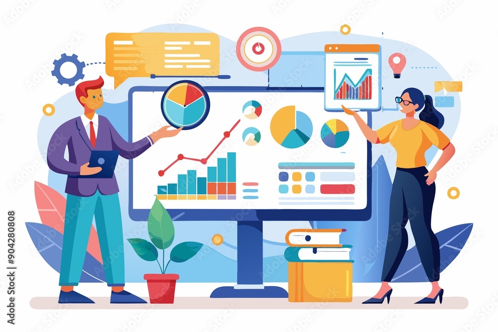 Business Professional Team Analyzing Business Data on Multiple Screens Illustration Business Professional Team Analyzing Business Data on Multiple Screens Illustration