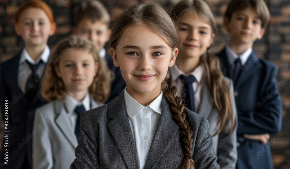 Young Girl in professional attire standing in an office, looking confident. Their serious expressions and the modern setting reflect their focus on future success and leadership. Young Girl in professional attire standing in an office, looking confident. Their serious expressions and the modern setting reflect their focus on future success and leadership.